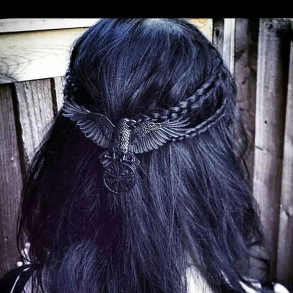 Black titanium raven Crow hair clip boho punk goth large wing span about 5in new - Picture 4 of 10